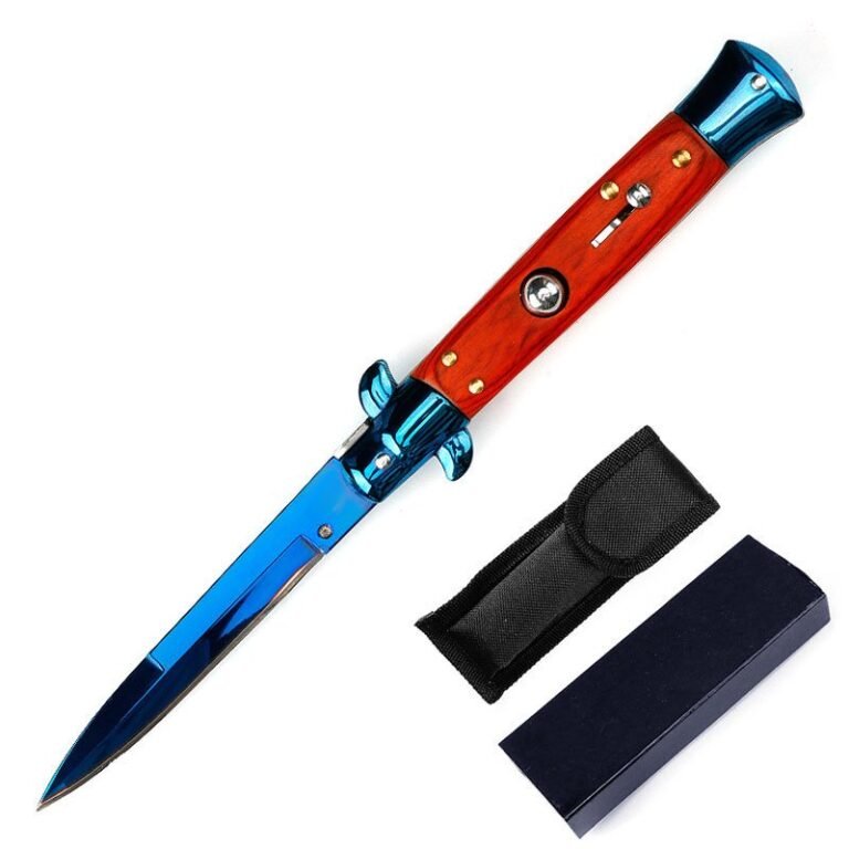 Navaja de madera con tacon de aguja, color azul titanio y rojo, 8,75
