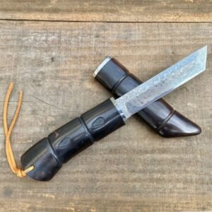 Cuchillo de Damasco con estuche de madera, cuchillo de supervivencia portatil para carne de mano en zonas silvestres.